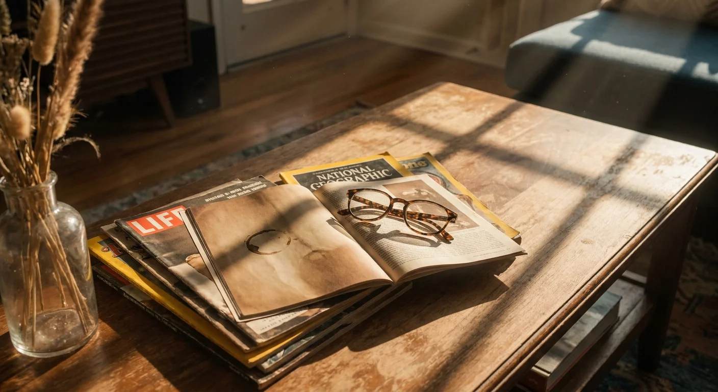 A nostalgic living room scene with vintage magazines and reading glasses on a wooden table in warm golden light.