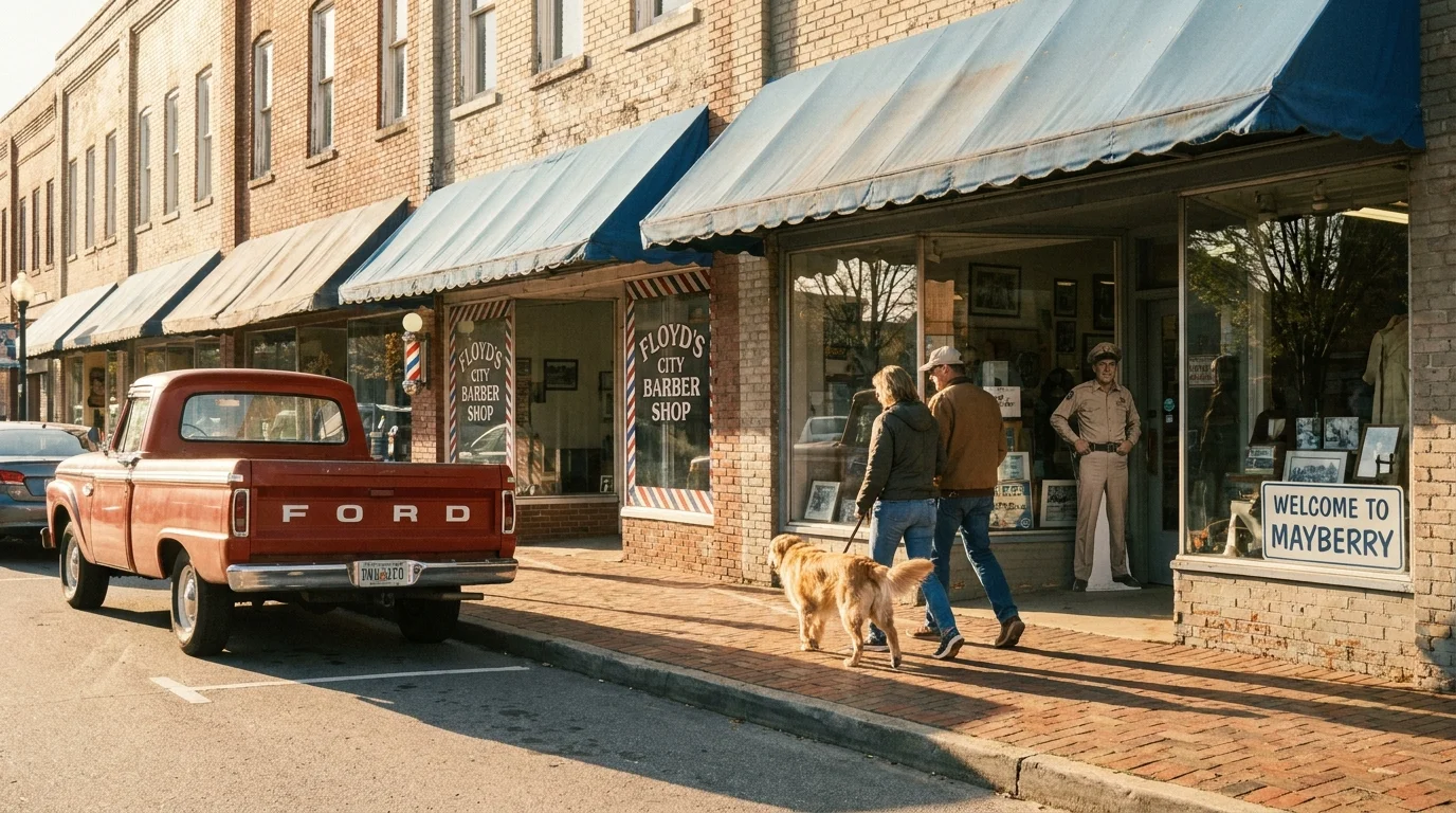 A nostalgic view of Main Street in Mount Airy, North Carolina, with brick buildings and a vintage truck.