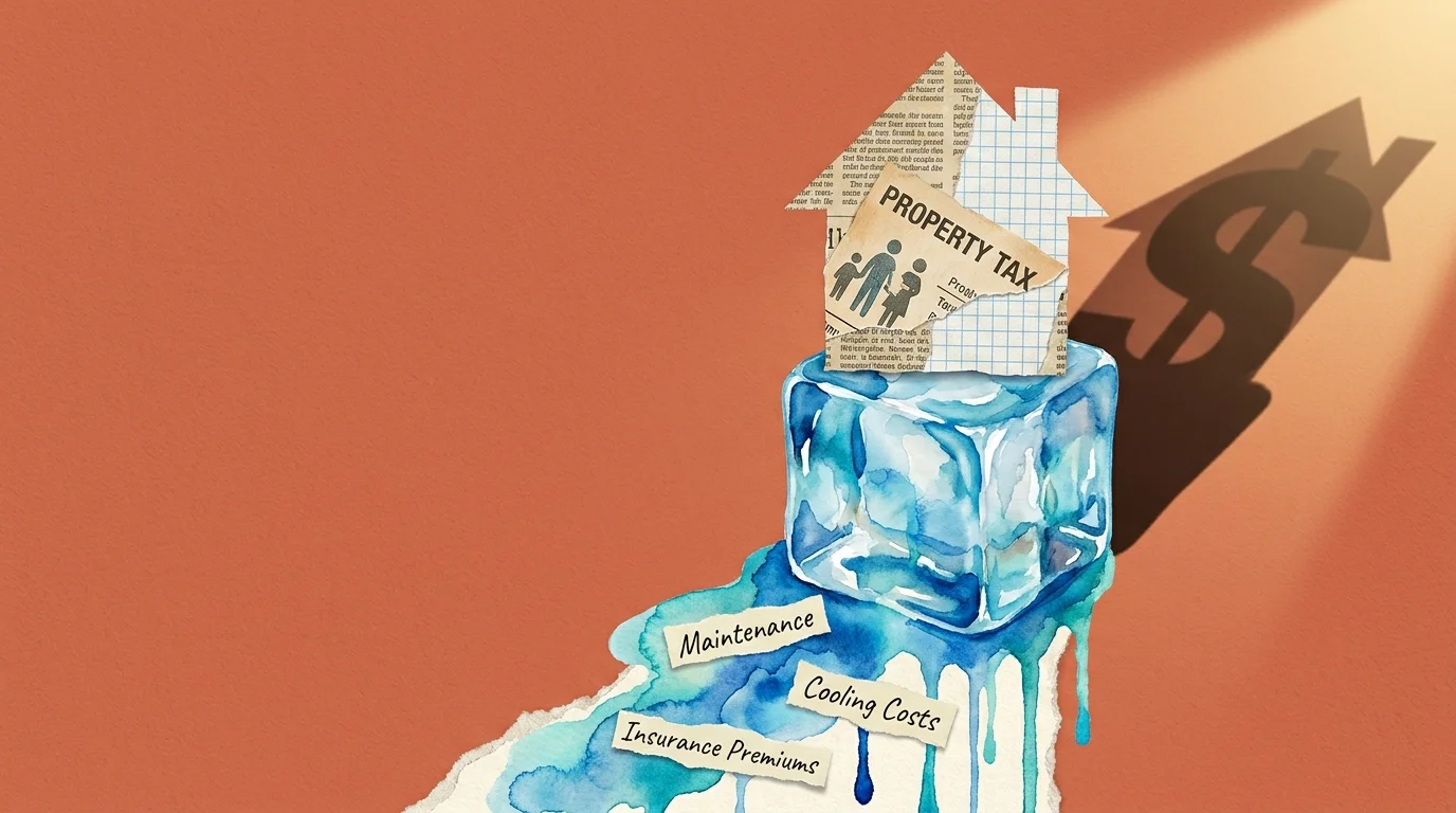 A paper-cut silhouette of a house melting on an ice cube, with labels for hidden costs like maintenance and insurance.