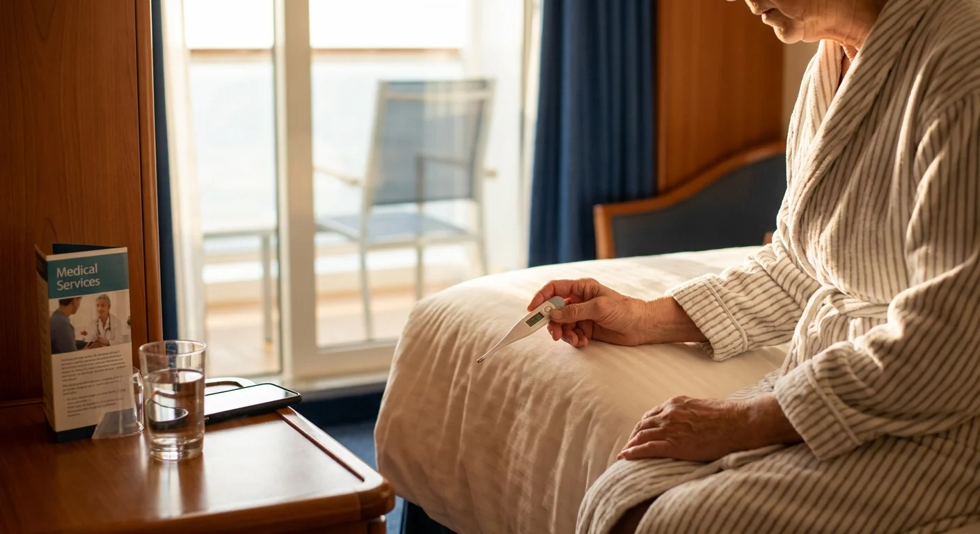 A passenger in a cruise ship cabin checking their temperature with a digital thermometer.
