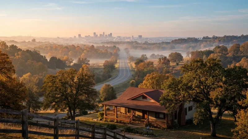 A peaceful rural landscape with a craftsman home in the foreground and a distant city skyline, symbolizing the move to the countryside.