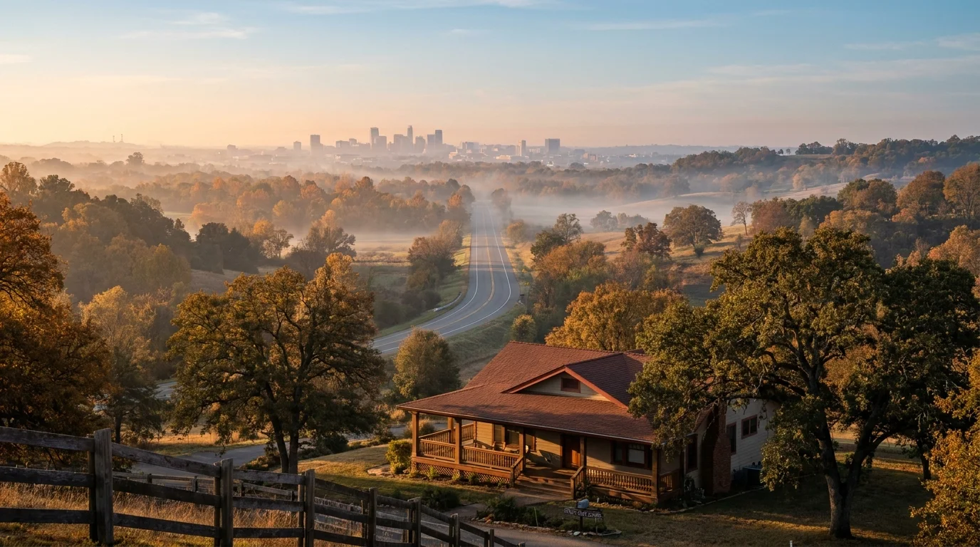 A peaceful rural landscape with a craftsman home in the foreground and a distant city skyline, symbolizing the move to the countryside.