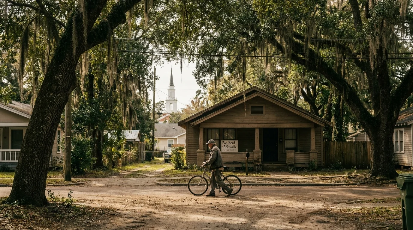 A peaceful street in Tallahassee with moss-covered oak trees and a retiree walking a bicycle near a modest home.