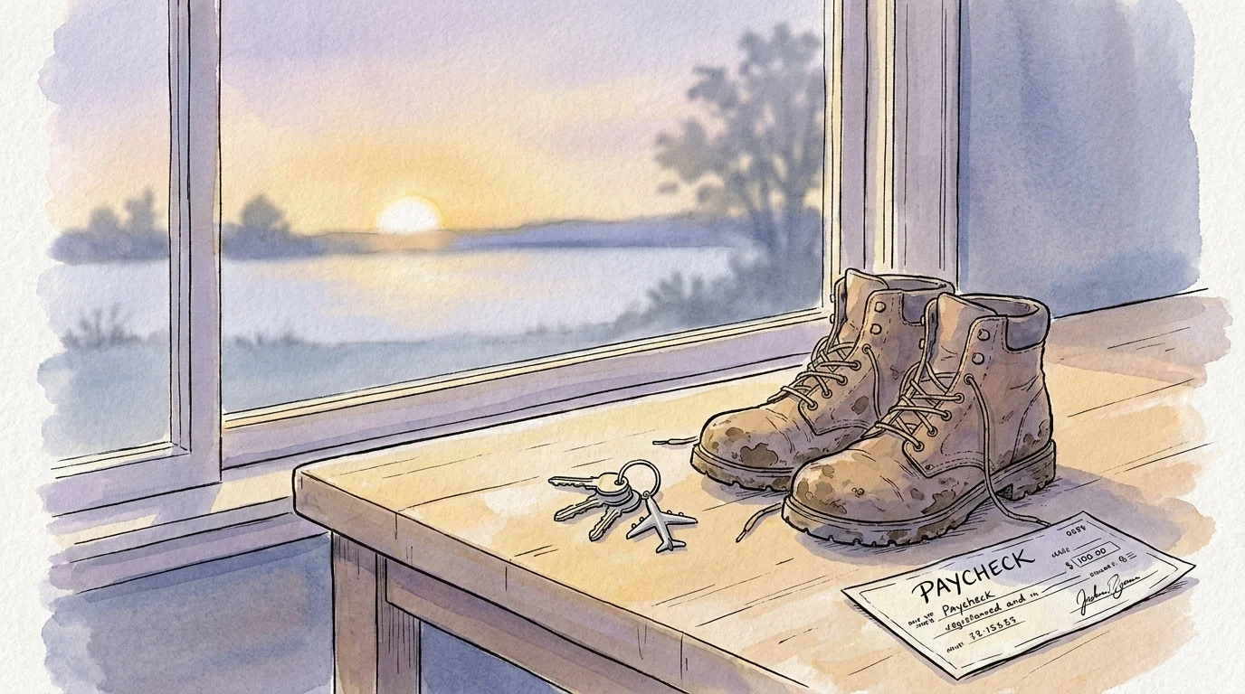 A peaceful watercolor of hiking boots and a small paycheck on a table at sunset, symbolizing a balanced retirement.