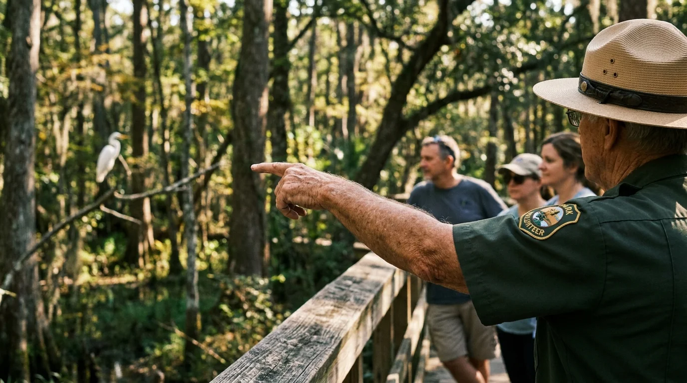A person in a park ranger hat pointing toward a forest landscape, seen from an over-the-shoulder perspective.