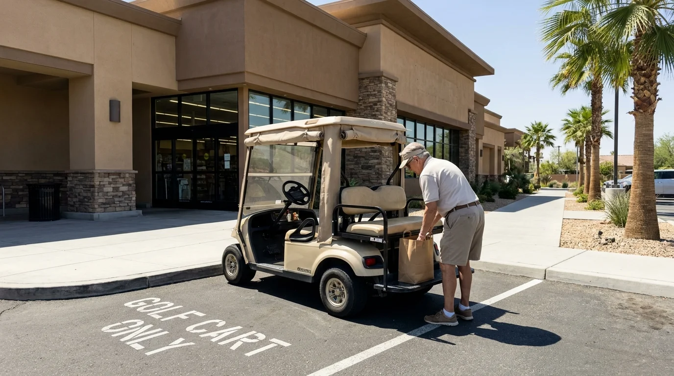 A person in retirement attire loads groceries into a golf cart parked in a specialized parking spot at a community shopping center.