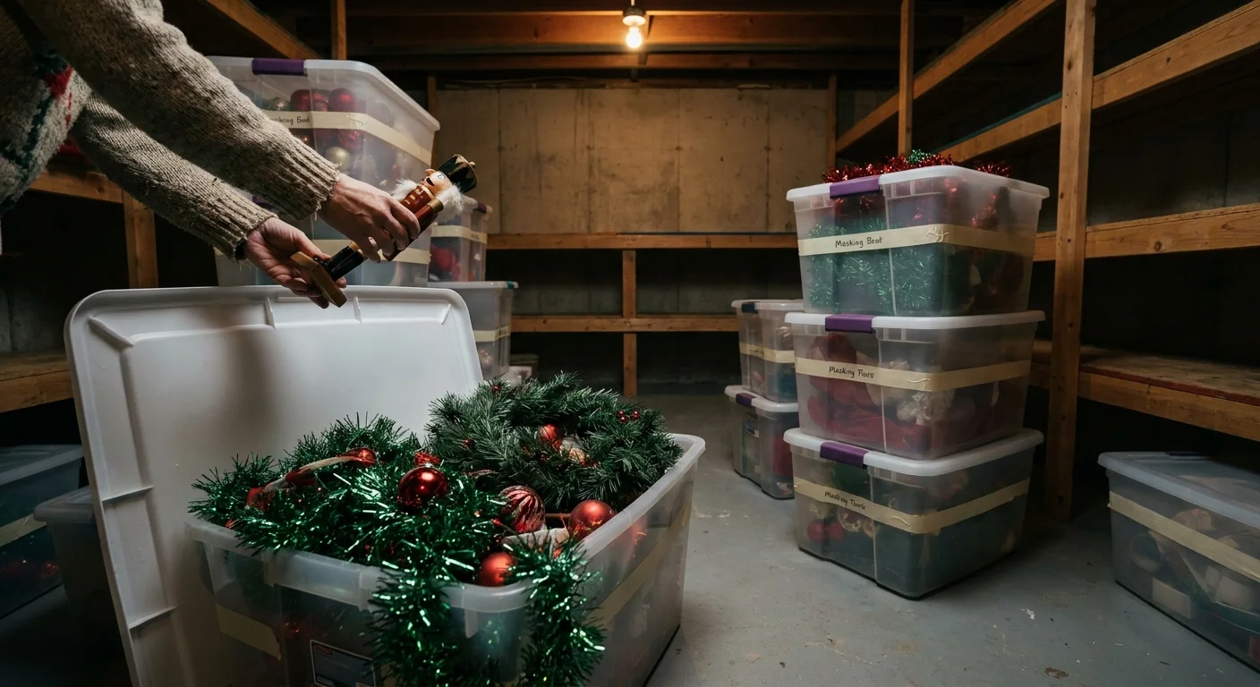A person sorts through plastic bins filled with Christmas ornaments and holiday decorations in a basement.