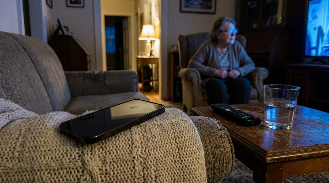 A photo of a smartphone sitting on a sofa arm in a dim room, with a person in the background waiting for it to ring.