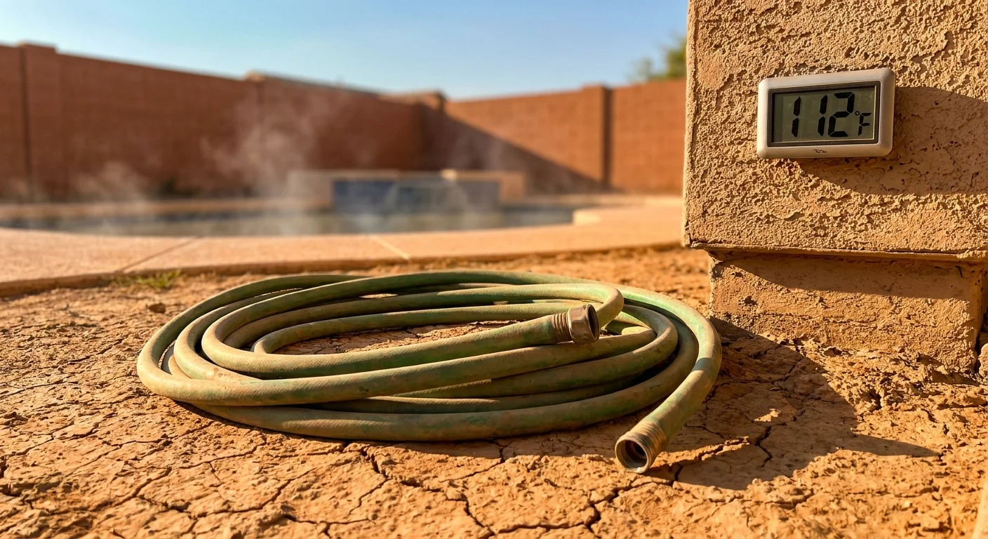 A photograph of a digital thermometer reading 112 degrees next to a dry garden hose and cracked earth in Arizona.