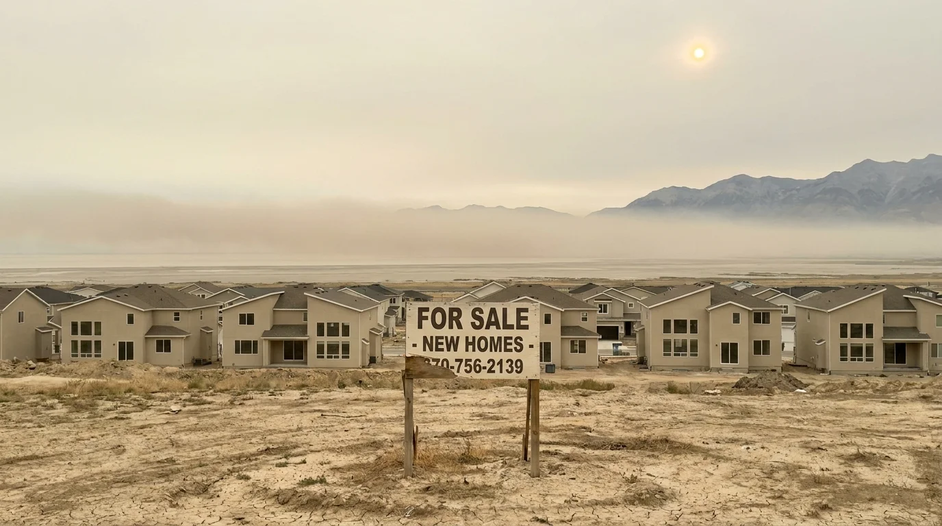 A photograph of a new housing development in Utah under a layer of brown environmental haze with a For Sale sign in the foreground.