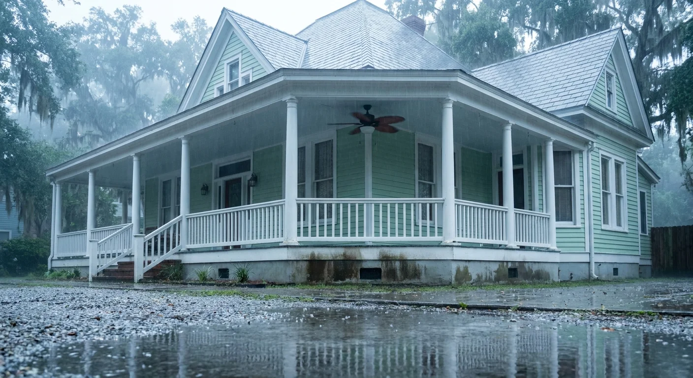 A photograph of a South Carolina home with high water marks on the porch pillars and thick, humid mist in the air.