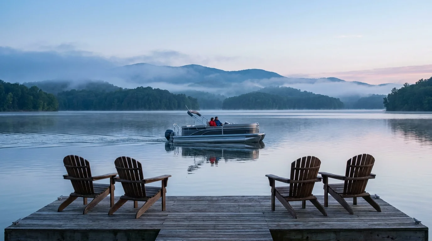 A pontoon boat on a calm lake in Tennessee with the Smoky Mountains in the misty background.