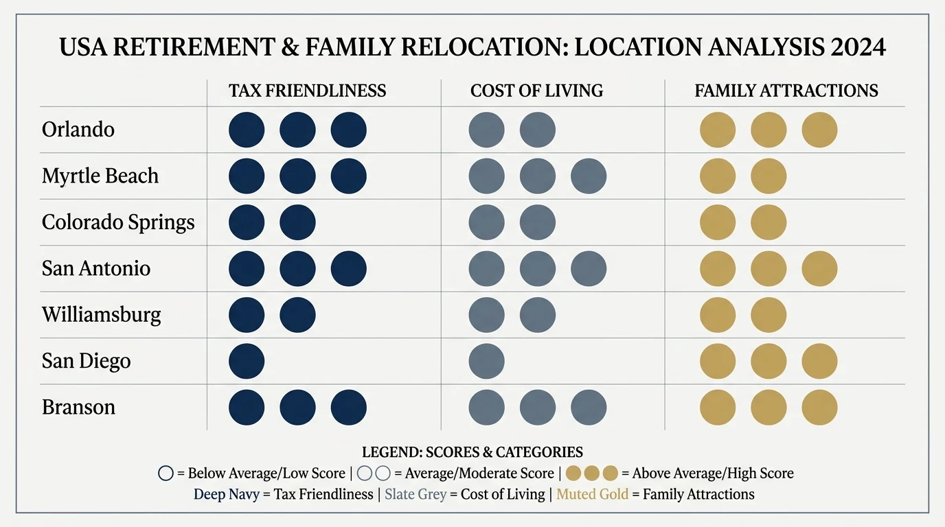 A professional comparison chart scoring the 7 retirement destinations on taxes, cost of living, and attractions.
