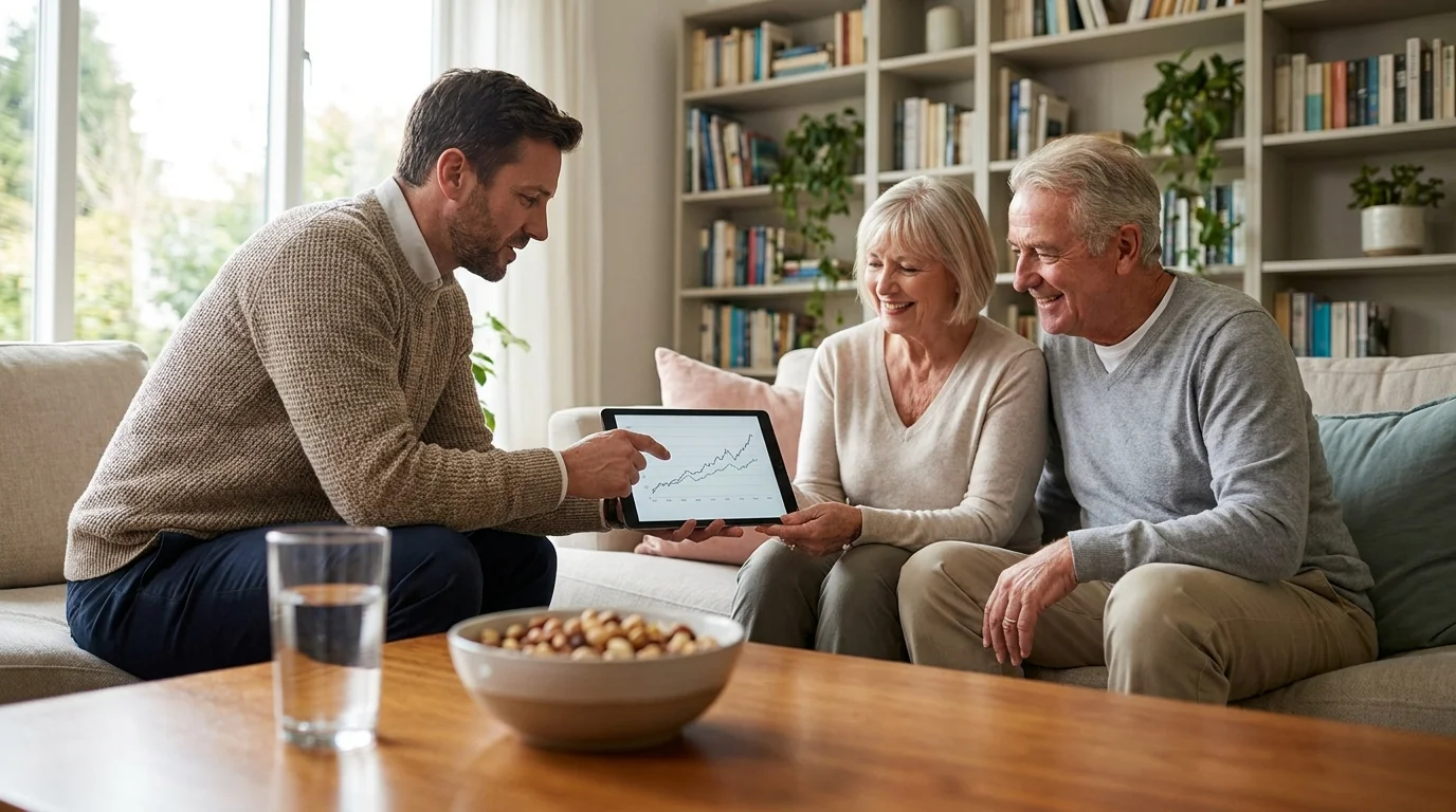 A professional financial advisor sitting in a comfortable living room with a retiree couple, showing them a plan on a tablet.