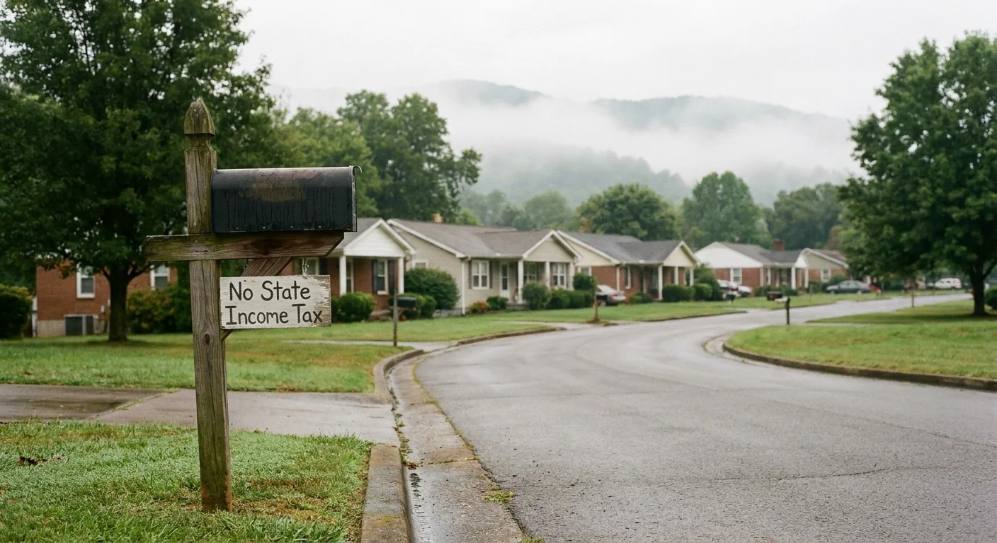 A quiet neighborhood in Johnson City, Tennessee, with the misty Appalachian Foothills visible behind the houses.