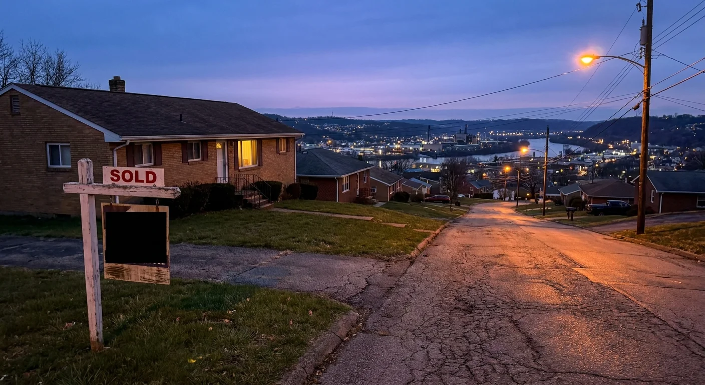 A quiet residential street in Weirton, West Virginia, at dusk with a 'Sold' sign in a front yard.