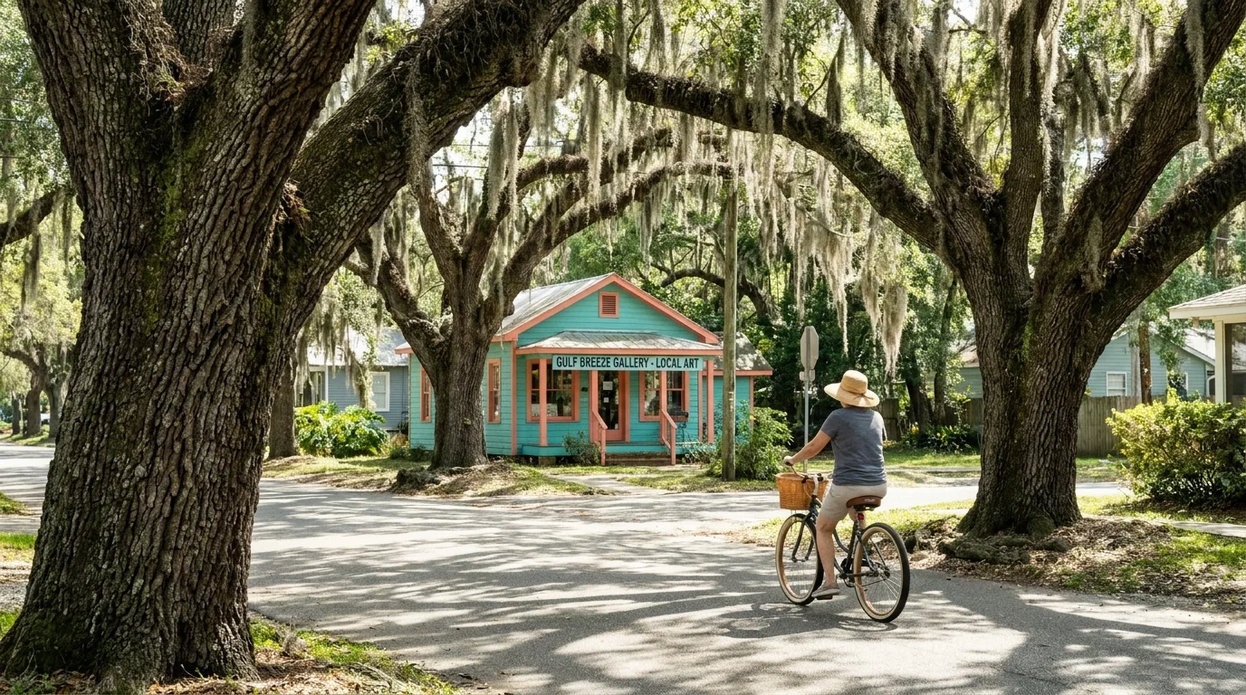 A quiet, tree-lined street in Ocean Springs, Mississippi, with Spanish moss and a local art gallery.