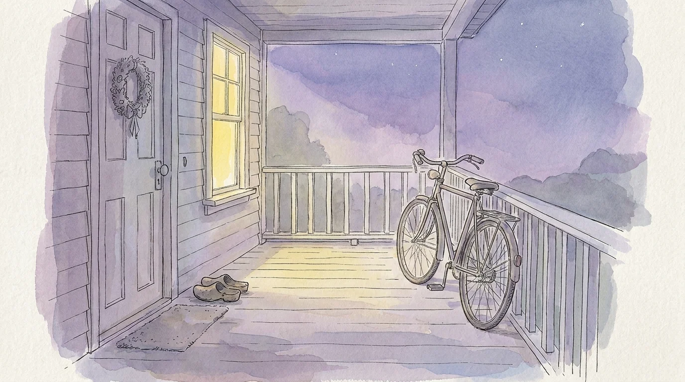 A quiet watercolor illustration of a house porch with an unlocked bike, representing safety and peace of mind.