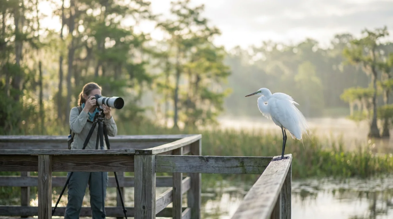 A resident photographing an egret from an observation deck in a Florida nature preserve.