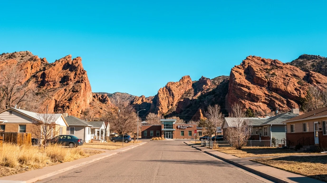 A residential street in Cañon City, Colorado, framed by red rock mountains under a clear blue sky.