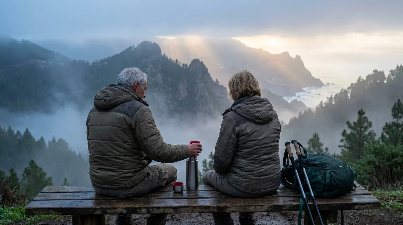 A retired couple in hiking gear sits on a bench overlooking a misty valley, sharing a quiet moment during a trip.