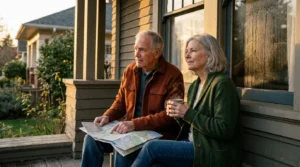 A retired couple on a porch, one looking at a map and the other at a garden, in warm golden hour light.