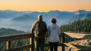 A retired couple overlooks a vast mountain valley at sunrise, illustrating the dream of retiring near a national park.