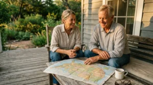 A retired couple reviews a US map together on a rustic wooden porch during a golden sunset, planning their relocation.