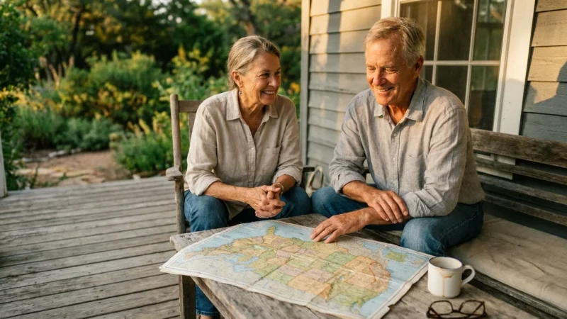 A retired couple reviews a US map together on a rustic wooden porch during a golden sunset, planning their relocation.