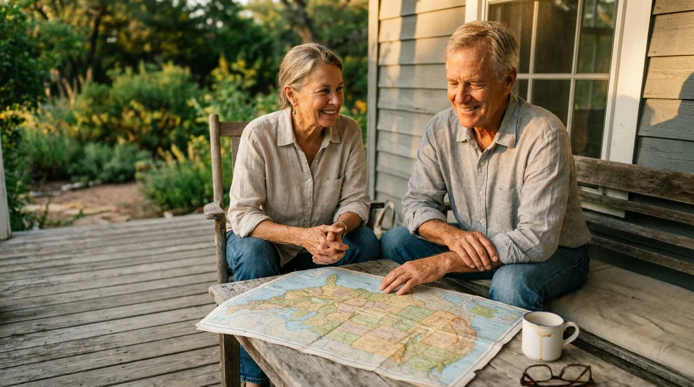 A retired couple reviews a US map together on a rustic wooden porch during a golden sunset, planning their relocation.