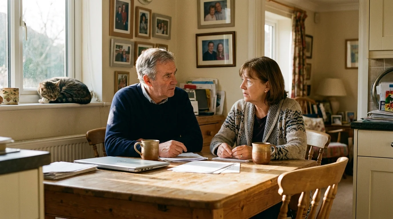 A retired couple reviews financial papers at their kitchen table in a sunlit, comfortable home.