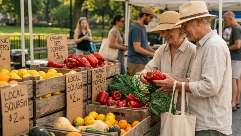 A retired couple selects fresh produce at a sunny outdoor market, highlighting the active and affordable retirement lifestyle.