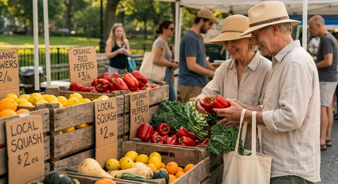 A retired couple selects fresh produce at a sunny outdoor market, highlighting the active and affordable retirement lifestyle.