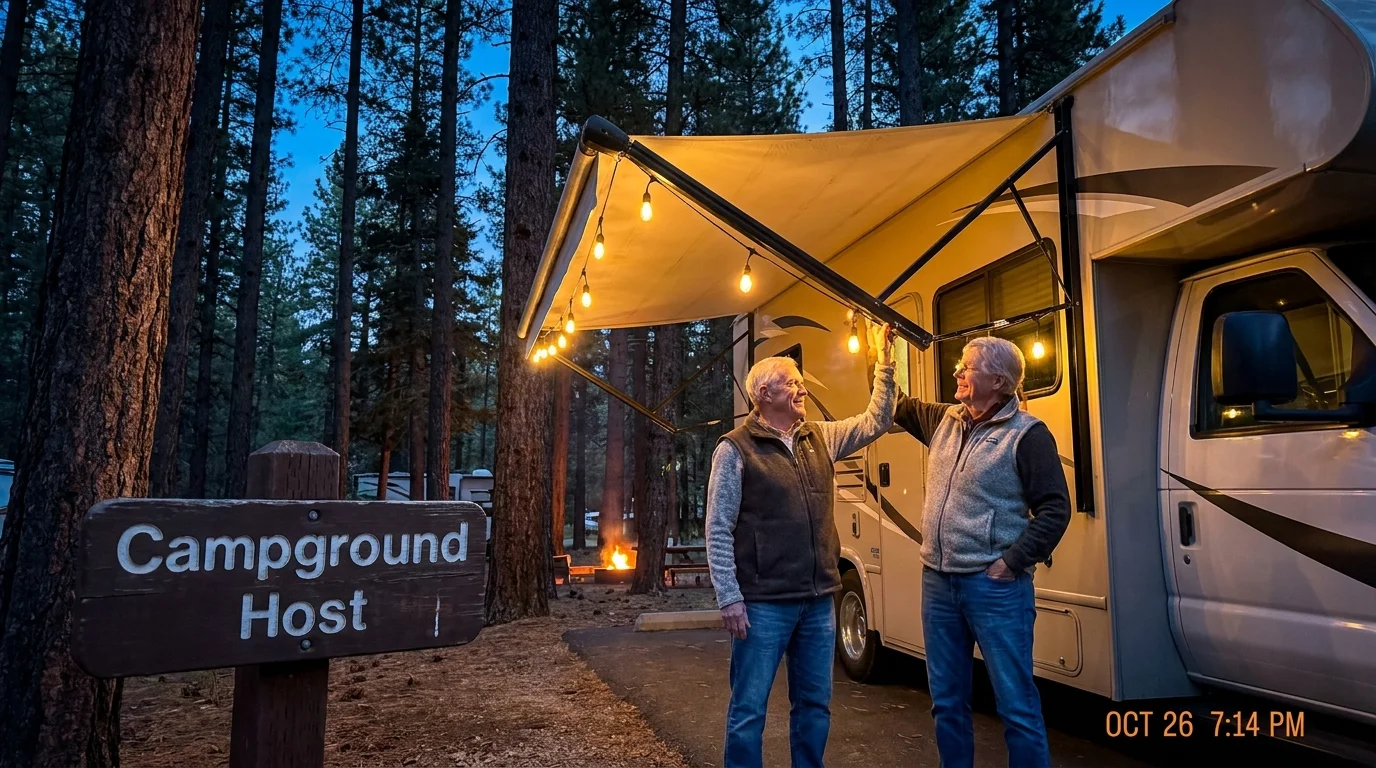A retired couple setting up lights on their RV at a campsite with a 'Campground Host' sign visible.