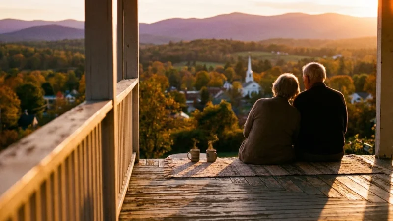 A retired couple sits on a porch at sunset looking over a scenic small town valley.