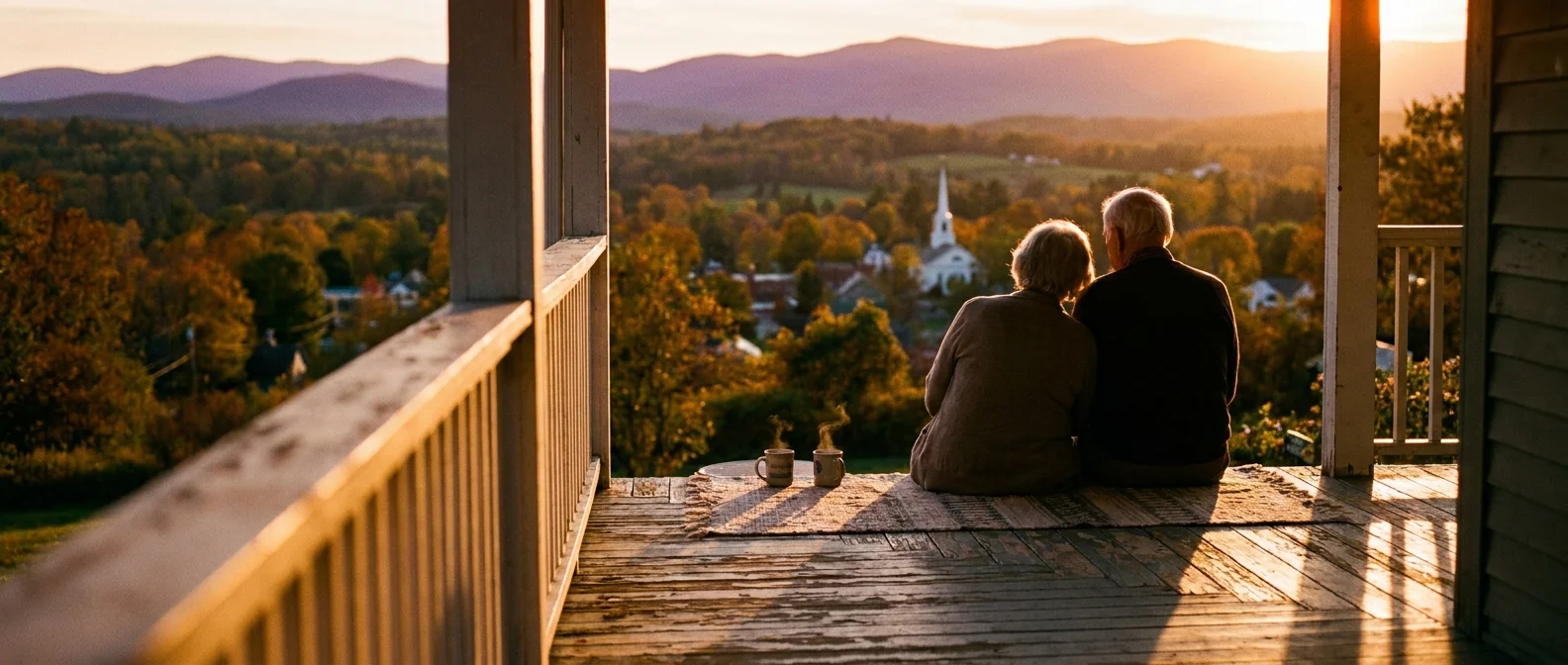 A retired couple sits on a porch at sunset looking over a scenic small town valley.