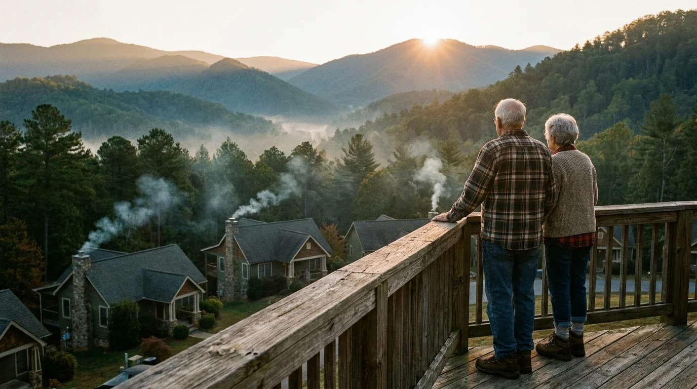 A retired couple standing on a wooden deck overlooks a quiet mountain town nestled in a valley at sunrise.