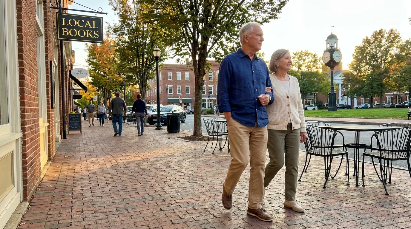 A retired couple walks along a sunny, historic brick-paved downtown street with local shops in a charming, affordable retirement town.