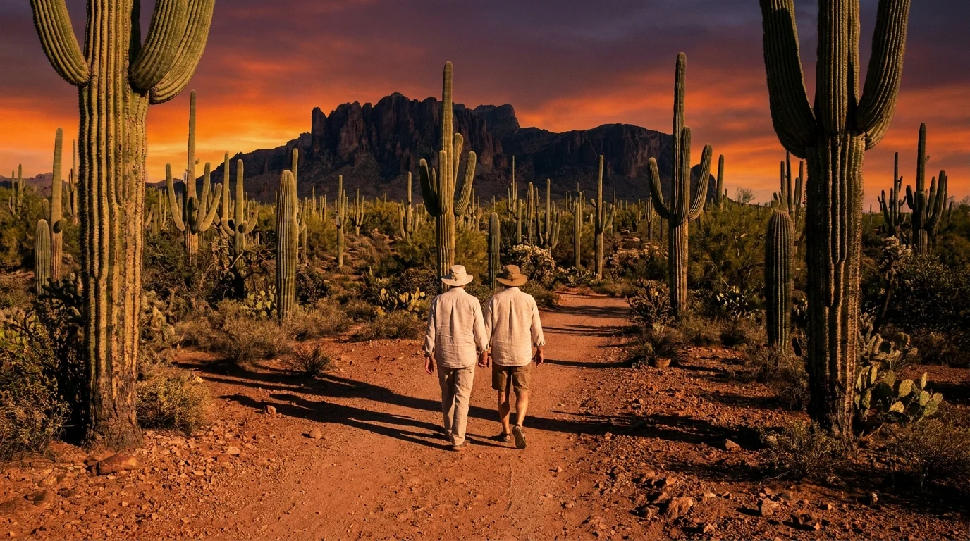 A retired couple walks through a desert landscape with tall Saguaro cacti under a vibrant orange and purple sunset sky.