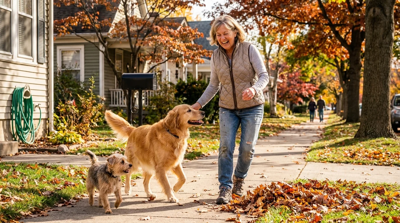 A retired woman happily walking two dogs on a sunny neighborhood street.