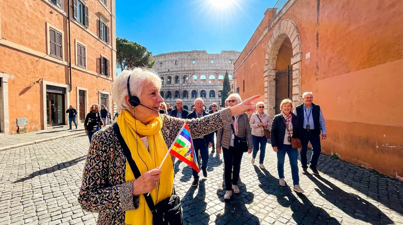 A retired woman leading a tour group of seniors through a historic European street.