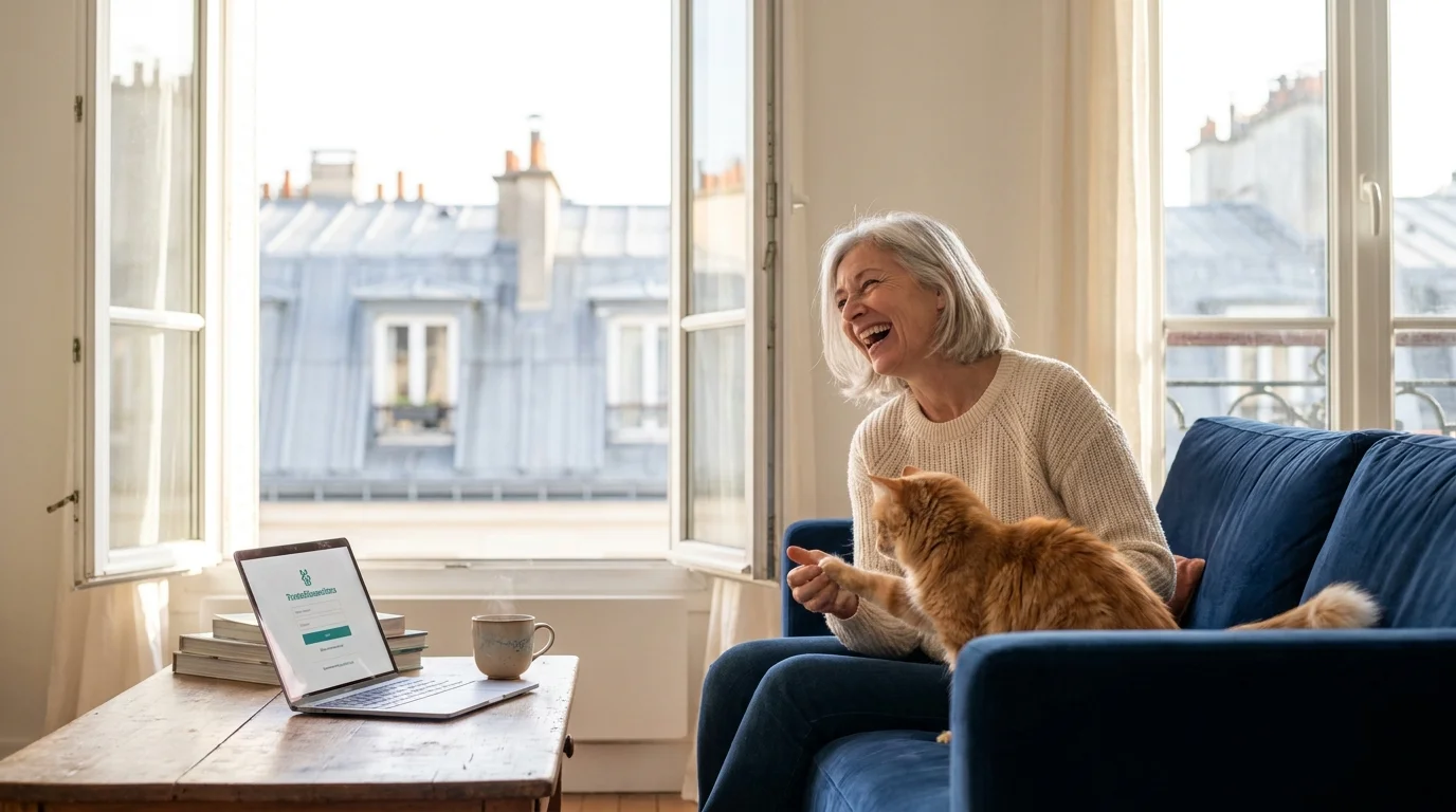 A retired woman playing with a cat inside a bright, stylish apartment overlooking Paris.