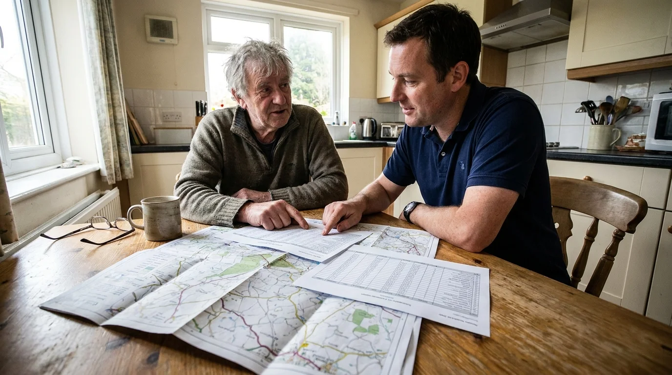 A retiree and a consultant in casual clothes looking at maps and budget papers at a kitchen table.