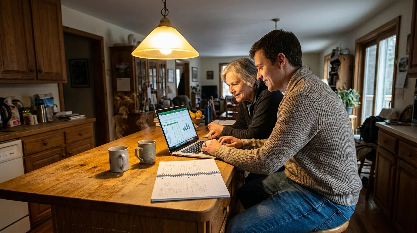 A retiree and a consultant sit at a kitchen island, looking at financial plans on a laptop together.