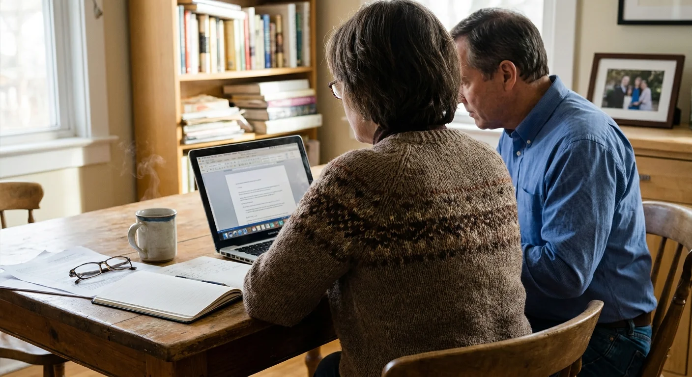 A retiree and a financial advisor looking at a laptop together at a kitchen table in a warm, home environment.