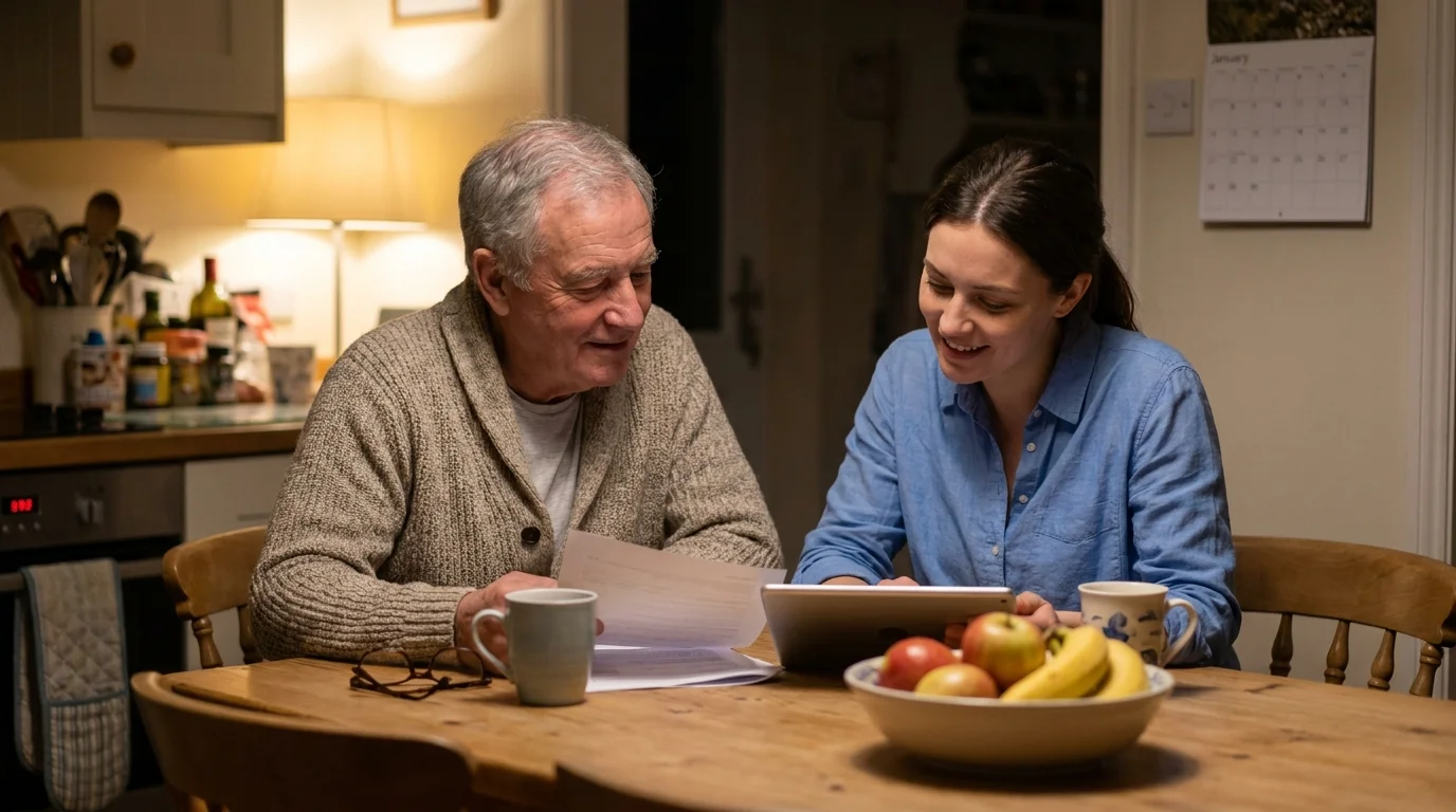 A retiree and an advisor sitting at a kitchen table, looking over paperwork together in a relaxed setting.