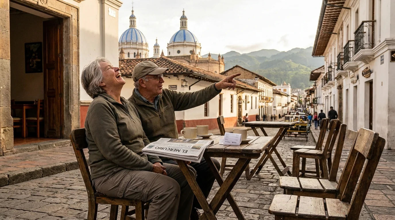 A retiree couple enjoying coffee at an outdoor cafe in Cuenca, Ecuador, with colonial architecture and mountains in the background.