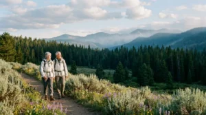 A retiree couple in hiking gear walks a mountain trail transitioning from sun to the shade of a cool evergreen forest at sunset.