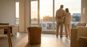 A retiree couple looks out the window of their new, bright, minimalist condo, symbolizing a fresh start after downsizing their home.