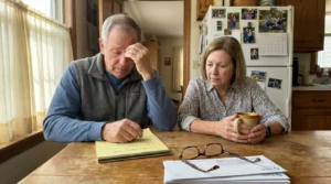 A retiree couple sitting at their kitchen table in morning light, looking stressed while preparing for a family meeting about their future.